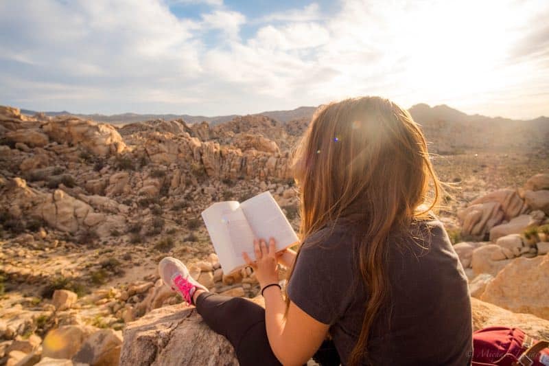 Reading a book on a mountain top